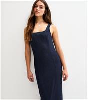 Women's Petite Navy Square Neck Denim Midi Dress New Look