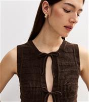 Women's Brown Tie Front Stitchy Peplum Knitted Waistcoat New Look