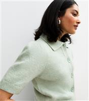 Women's Green Button Up Short Sleeve Collared Cardigan New Look