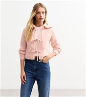 Women's Pink Pointelle Knit Frill Collar Tie Front Cardigan New Look