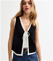 Women's Black Scalloped Contrast Trim Tie Front Waistcoat New Look
