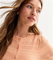 Women's Light Coral Pointelle Knit Short Sleeve Cardigan New Look