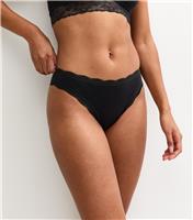 Women's Black Cotton Jersey Lace Trimmed Brazilian Briefs New Look