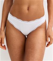 Women's White Cotton Jersey Lace Trimmed Brazilian Briefs New Look