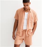 Men's Light Brown Relaxed Short Sleeve Textured Cotton Shirt New Look