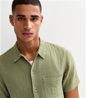 Men's Light Khaki Relaxed Short Sleeve Textured Cotton Shirt New Look