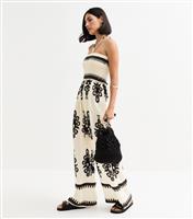 Women's Cream Patterned Halterneck Jumpsuit Blue Vanilla New Look