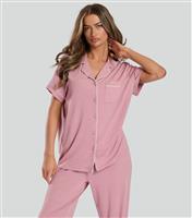 Women's Loungeable Pink Ribbed Shirt and Trousers Pyjama Set Loungeable New Look
