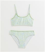 Girls' Green Floral Print Blanket Stitch Bikini Set New Look