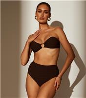 Women's Dark Brown Texture Ring Bandeau Bikini Top South Beach New Look