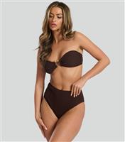 Women's Dark Brown Textured High Waist Bikini Briefs South Beach New Look