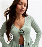 Women's Petite Light Green Ribbed Frill Trim Rose Detail Cardigan New Look