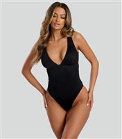 Women's Black Wavy Crinkled Plunge Swimsuit South Beach New Look