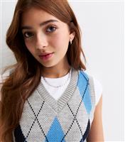 Girls' Grey Argyle Knit Vest New Look