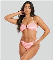 Women's Pink Striped Crinkled Ring Detail Bikini Briefs South Beach New Look