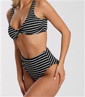 Women's Black Striped Crinkled High-Waist Bikini Briefs South Beach New Look