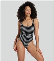 Women's Black Crinkled Striped Belted Swimsuit South Beach New Look