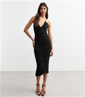 Women's Black V-Neck Ruched Midi Dress New Look
