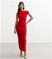 Women's Red Jersey Off The Shoulder Corsage Applique Midi Dress New Look