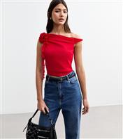 Women's Red Corsage One Shoulder Mesh Top New Look