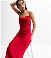 Women's Red Corsage Applique Satin Midi Dress New Look
