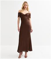 Women's Tall Dark Brown Bardot Satin Midi Dress New Look
