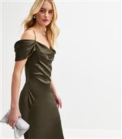 Women's Tall Khaki Bardot Satin Midi Dress New Look