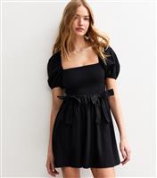Women's Black Shirred Bow Front Mini Dress New Look