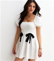 Women's White Shirred Bow Front Mini Dress New Look
