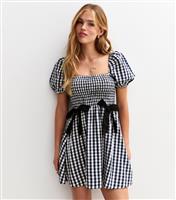 Women's Navy Gingham Check Bow Applique Mini Dress New Look