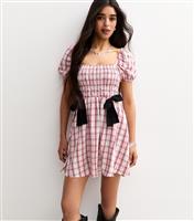 Women's Pink Checked Shirred Bow Trim Mini Dress New Look