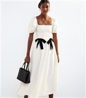 Women's White Shirred Bow Trim Midi Dress New Look