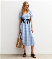 Women's Blue Gingham Check Bow Front Midi Dress New Look