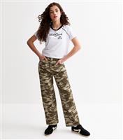 Girls' Green Camouflage Print Wide Leg Jeans New Look