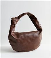 Dark Brown Faux Leather Woven Look Knotted Shoulder Bag New Look