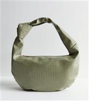 Light Green Faux Leather Woven Look Knotted Shoulder Bag New Look