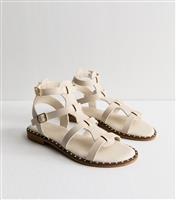 Women's Off White Faux Leather Studded Trim Gladiator Strap Sandals Vegan New Look
