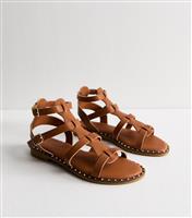 Women's Tan Faux Leather Studded Trim Gladiator Strap Sandals Vegan New Look