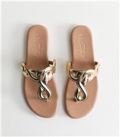 Women's Wide Fit Gold Metallic Faux Leather Chain Strap Style Sandals Vegan New Look
