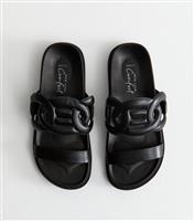 Women's Wide Fit Black Faux Leather Double Strap Mule Sandals Vegan New Look