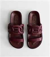 Women's Wide Fit Burgundy Faux Leather Double Strap Mule Sandals Vegan New Look