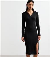 Women's Black Collared Side Slit Dress Cutie London New Look