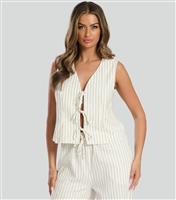 Women's Cream Linen Look Striped Tie Front Waistcoat South Beach New Look