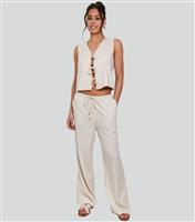 Women's Cream Linen Look Drawstring Waist Trousers South Beach New Look