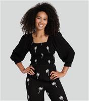 Women's Black Palm Tree Embroidered Shirred Top South Beach New Look