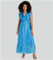 Women's Bright Blue Floral Print Frill Shoulder Wrap Midi Dress South Beach New Look