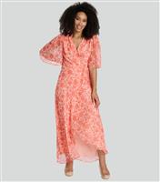 Women's Coral Floral Print Wrap Midi Dress South Beach New Look