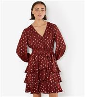 Women's Burgundy Foil Dot Layered Long Sleeve Mini Dress Apricot New Look