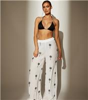 Women's White Embroidered Wide-Leg Trousers South Beach New Look