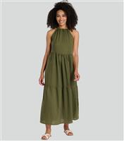 Women's Khaki Tie Neck Textured Midi Dress South Beach New Look